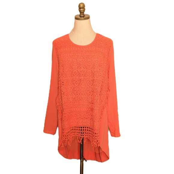 Ali Miles Tops - ALI MILES Tunic Top Women's Size L Orange Crochet with Fringe Hi Low